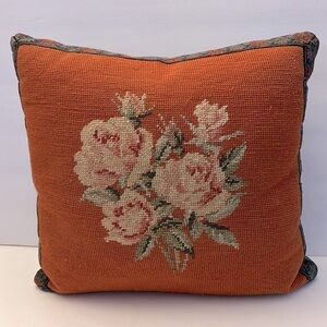 Vintage Handmade Victorian Style Needle Point Pillow with Roses